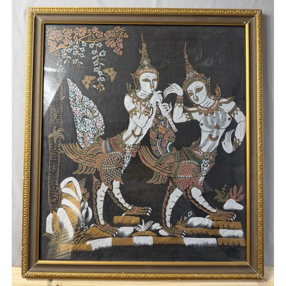 Vintage Thai silk painting framed artwork, 1/2 human/bird, oriental 19x17